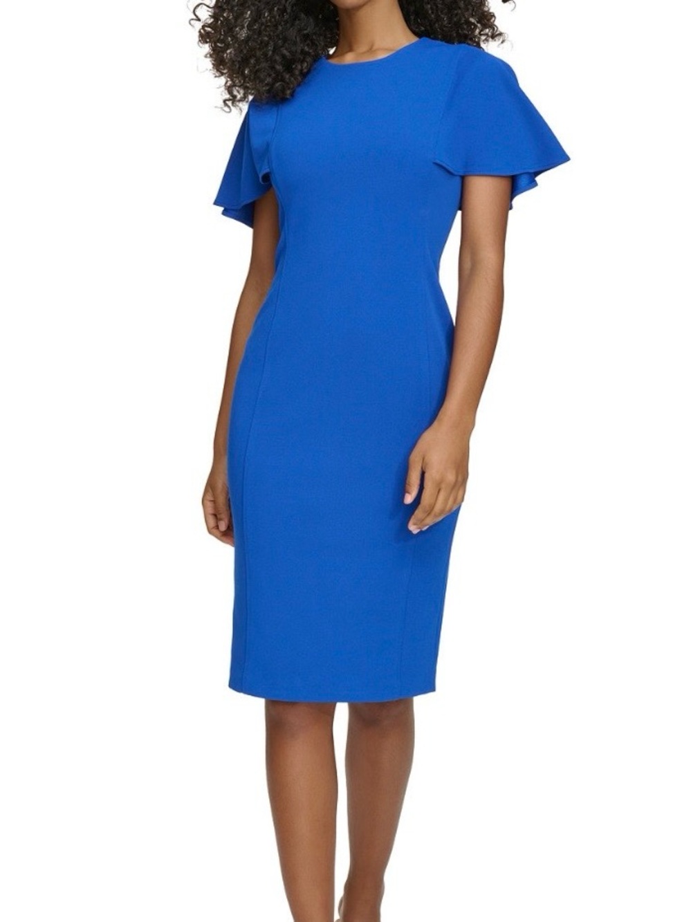 Calvin Klein Cobalt Blue Midi Sheath Dress with Flutter Sleeves.